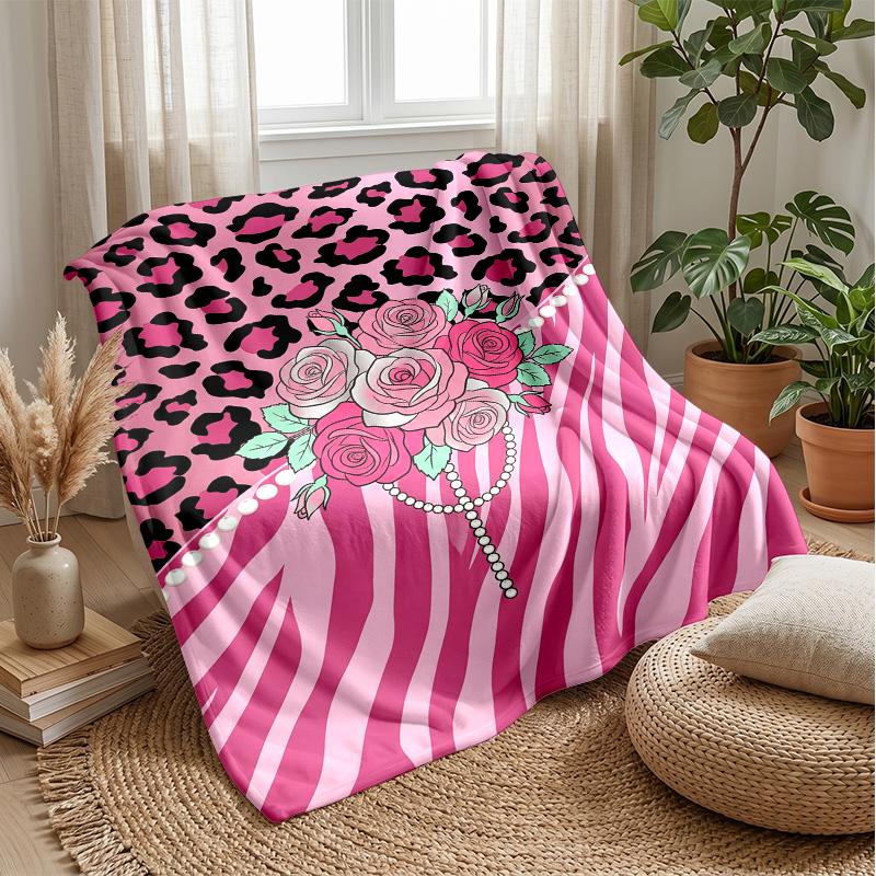 Pink Animal Print Bow Theme Blanket Lightweight Warm Flannel Blanket Decorative Throw Blanket for Home Decoration
