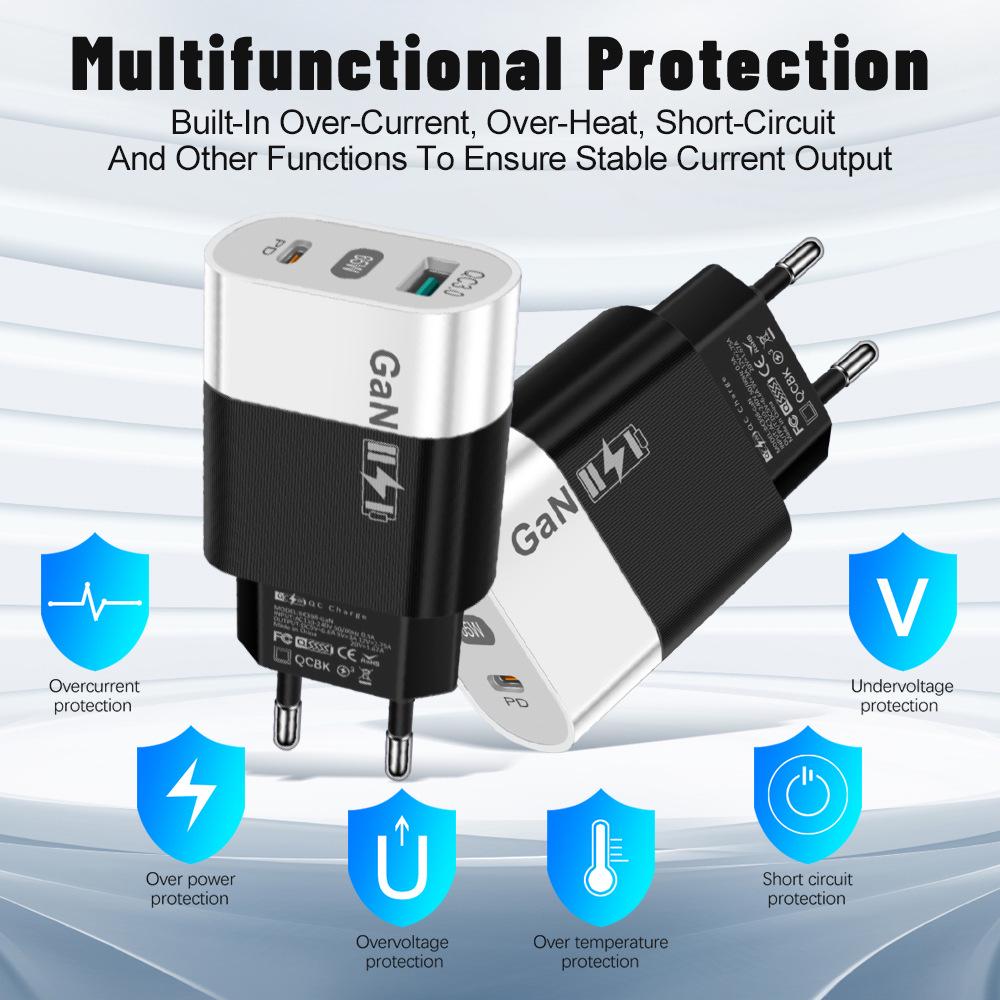 33W GaN USB Charger: QC 3.0 & PD Fast Charging, 9V/12V, US/EU Standard