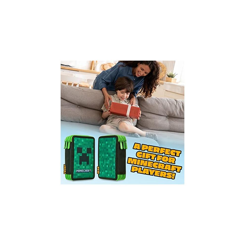 Minecraft Pencil Case, Large Pencil Case 3 Compartment Filled with School Supplies, Gifts (Green Creeper)