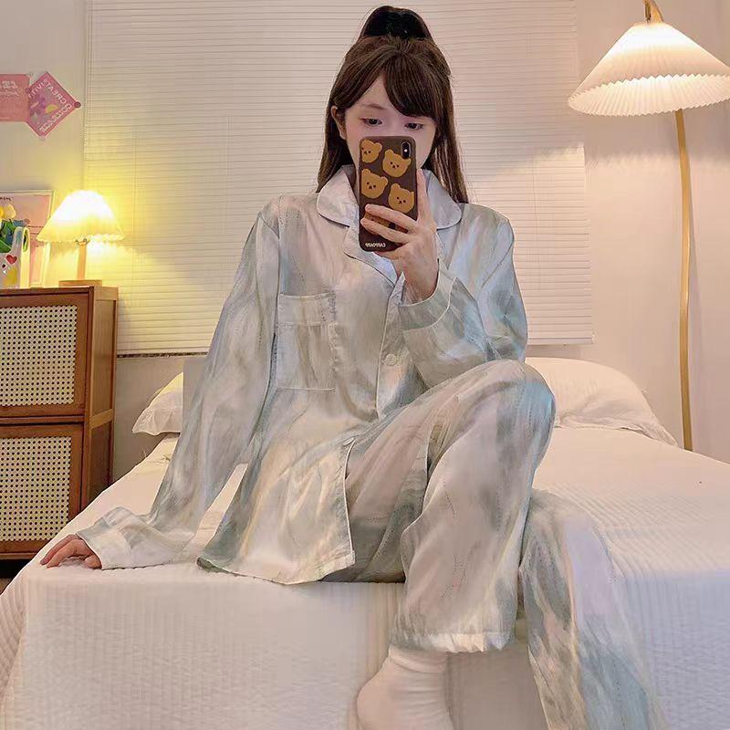 Pintura China a Tinta Estampada Ropa de Casa de Verano de Seda de Hielo Conjunto de Pijama de Manga Larga