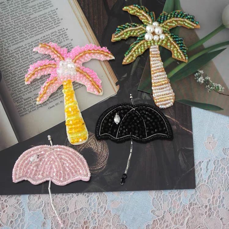 DIY Felt Patch Brooch Pearls Tassels Handmade Rhinestone Beaded Coconut Tree Crystal Bag Lanyard Patch Beading Applique Patch