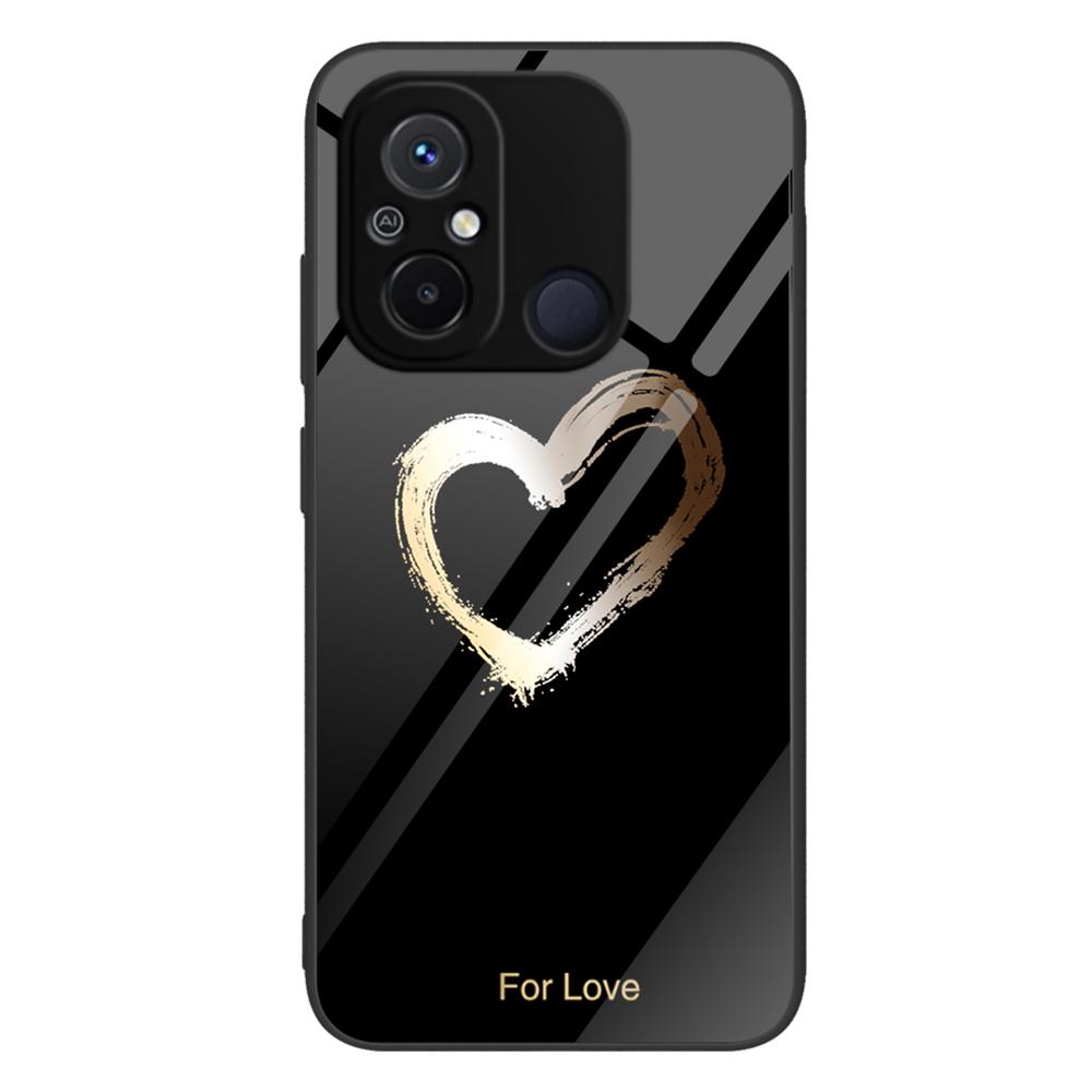 

For Xiaomi Redmi 11A 4G/12C 4G Tempered Glass+PC+TPU Phone Case Pattern Printing Smartphone Cover For Love/Black