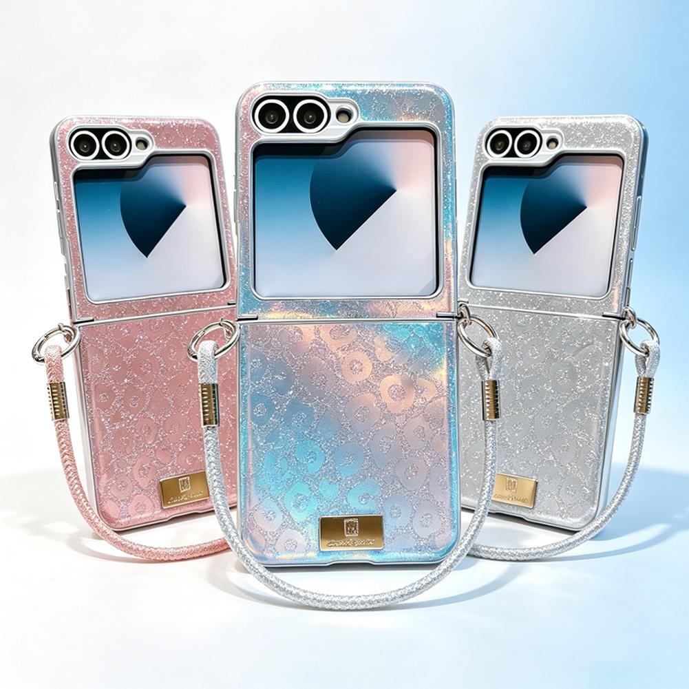 Shimmering Leopard Print Phone Case for Samsung Z Flip 8 flip7 fe Galaxy Z Flip 7 6 5 Silver-edged Side Buckle Protective Cover