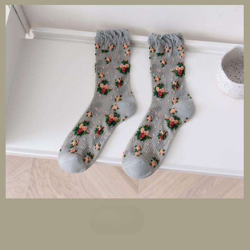 Women's Spring and Summer Thin Mid-calf Socks, Retro Floral Pile Socks, Lace Transparent Glass Fiber Socks