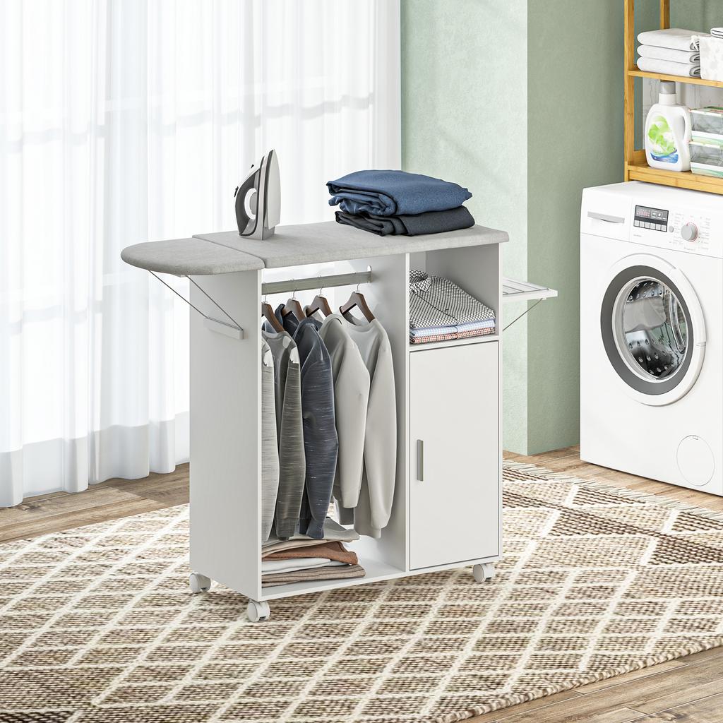 Rollbares Bügelbrettschrank, Klappbare Bügelstation mit Stauraum, Räder für Zuhause, Waschküche, Weiß