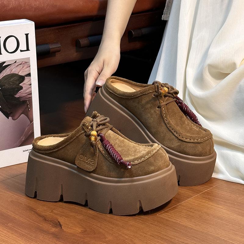 Retro Matte Cowhide Muffin Thick-soled Bag Head Boken Half Slippers Women's 2025 New Small Heightening Loafers