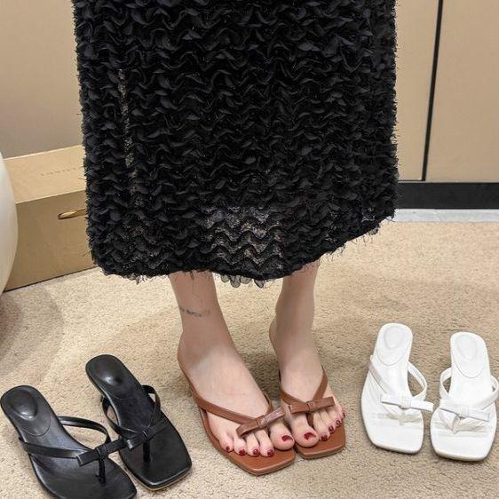 Slippers women's summer wear fashion high heels flip-flops bow niche fashion sandals 2025 new
