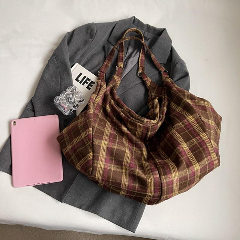 Chic Plaid Nylon Large Capacity Tote Bag Women Casual Top Handle Hobo Shoulder Shopper with Fixed Strap For Daily Work CLE