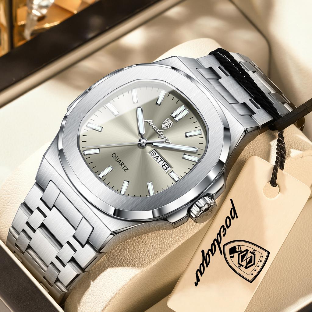 POEDAGAR Top Business Men Wristwatch Luminous Waterproof Stainless Steel Square Male Clock Week Date Quartz Casual Men's Watches