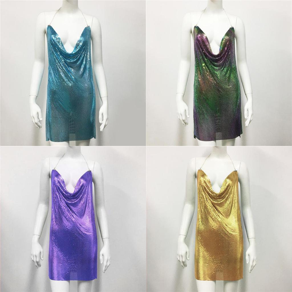 Metallic Sequin Sleeveless Party Dress With V Neck For Summer Nightlife