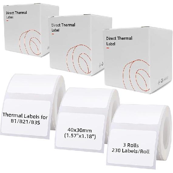 40x30mm (1.57 x1.18 ) Labels for B1/B21/B3S Label Maker, 3 Rolls Waterproof Thermal Label Paper Sticker for Small Business/Home/Office Use- 230 3Rolls-40x30mm