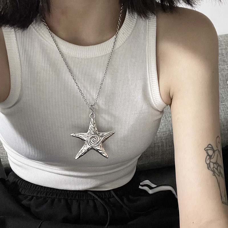 Exaggerated Metal Big Starfish Pendant Necklace for Women Gothic Hip Hop copper Color Pentagram Star Chain Necklace Y2K Zircon