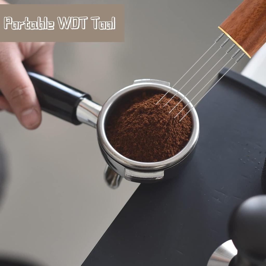 6-Needle Espresso Distribution Tool – Coffee powder distributor, 0.4mm Pins to Break Up Clumps & Prevent Channeling, Wood Handle