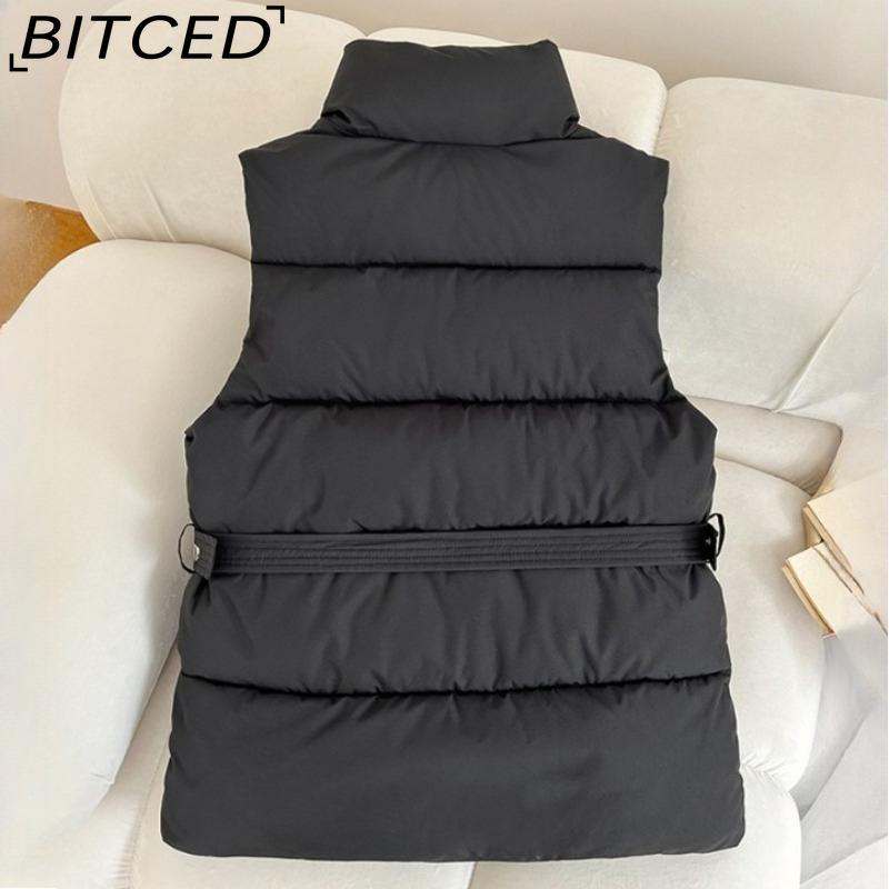 BITCED Autumn/Winter Women's Fashion Solid-Colour Belted Cotton Jacket, Fashionable Waistcoat, Stand-Up Collar Puffer Coat