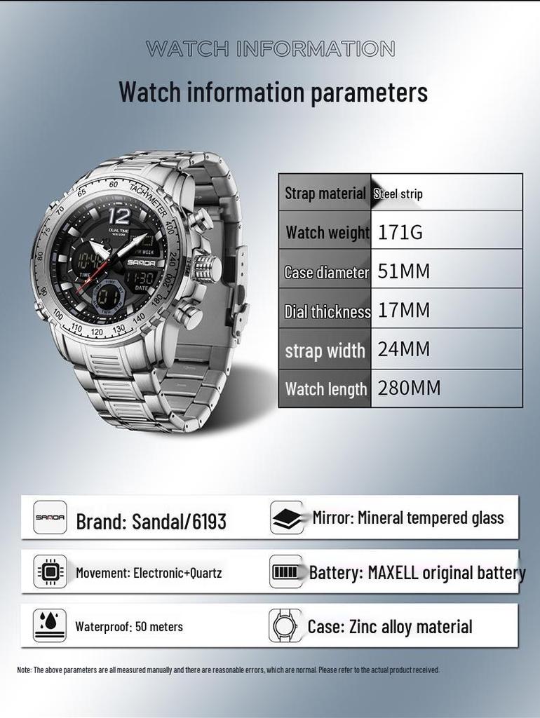 Sanda Men's Dual Display Multifunction Steel Band Sport Waterproof Watch