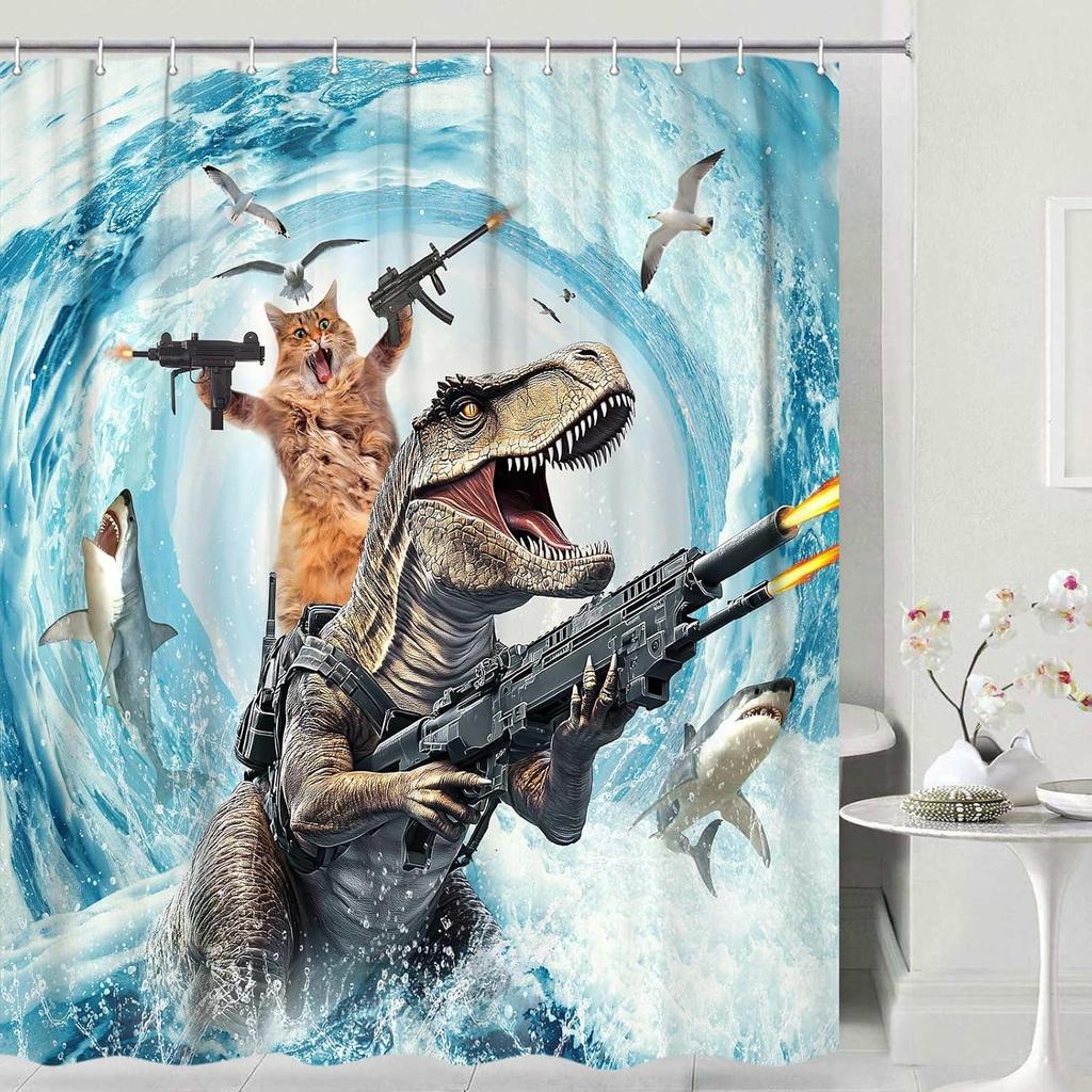 Lustiges Katzen-Duschvorhang-Set, Niedliche Katze reitet Dinosaurier-Thema Ozean-Vorhänge für das Badezimmer, Lustige maritime Kinderdekoration, Polyestergewebe