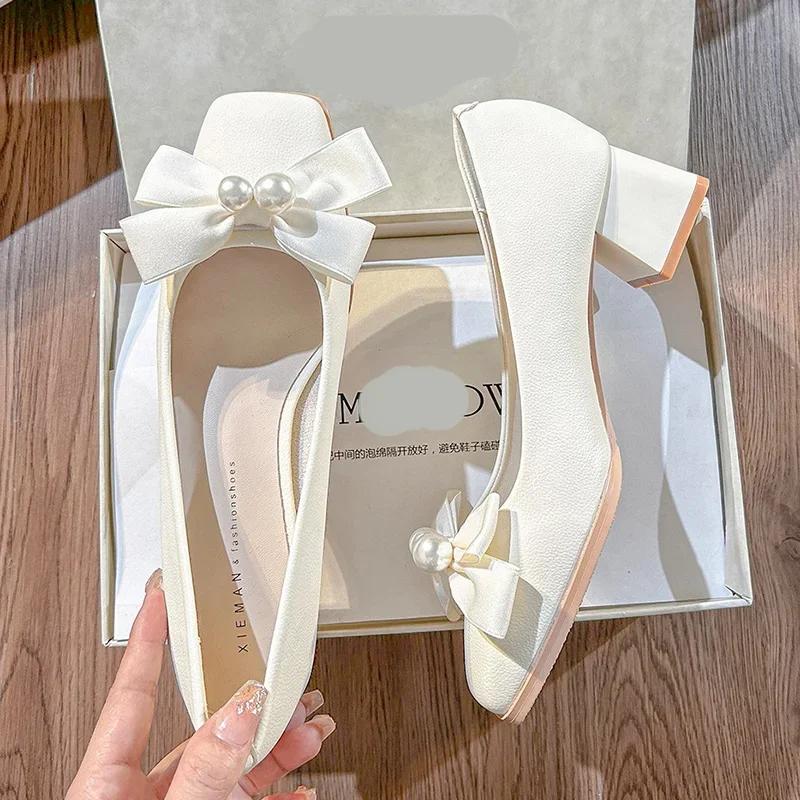 Pearl Bow Women High Heels Shoes Square Toe Heeled Sandals Summer 2025 New Elegant Chunky Shoes Woman Pumps Brand Mujer Zapatos
