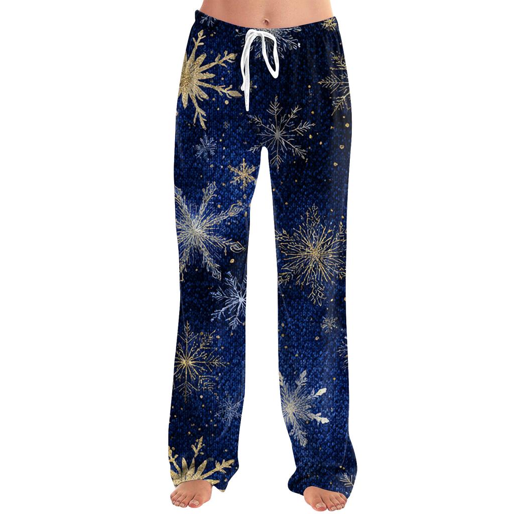 Ladies' Loose And Casual Christmas Printed Wide Leg Pants With Elastic Waistband Drawstring And Pocket Pants