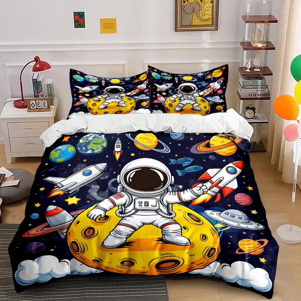 Astronaut Explores Galactic Planets Bedding Set for Kids Luxury Gift 3pcs Digital Print Comforter Set Soft Comfortable