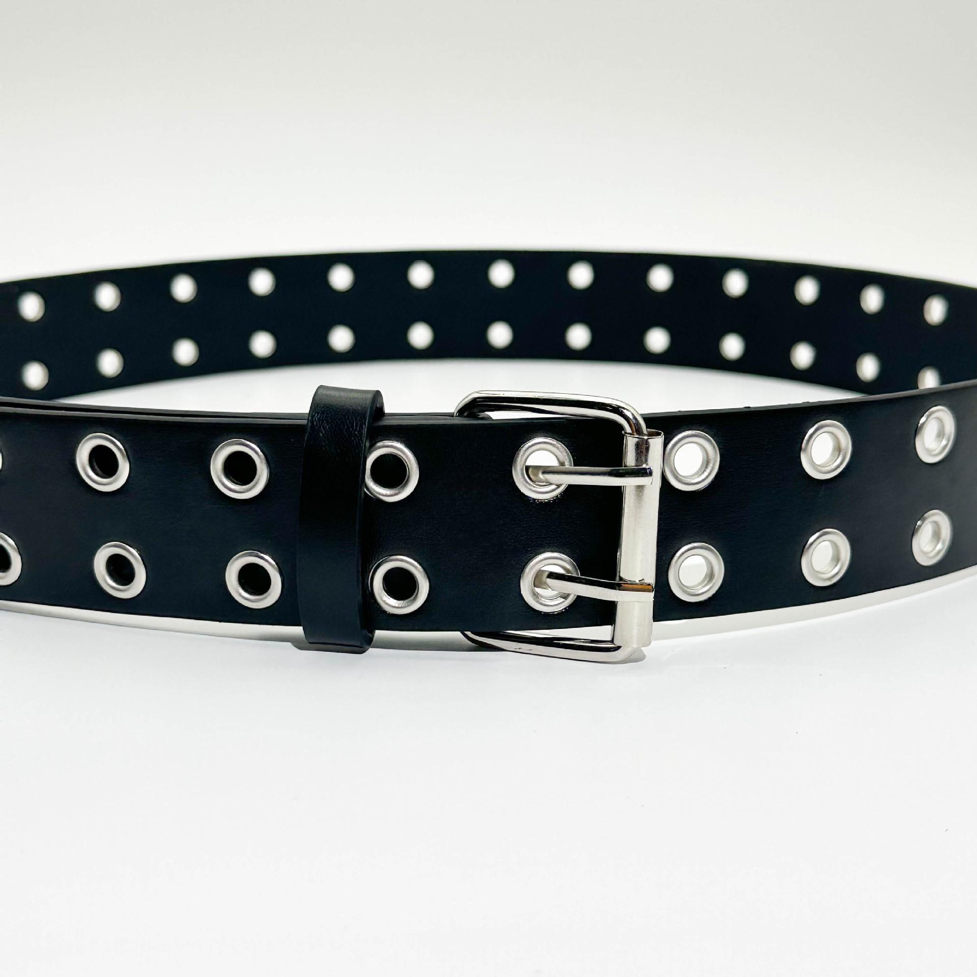 

American Style Hip Hop Punk Double Row Belt for Women - Trendy Full Hole Design Length (with buckle): 110cm, Width: 3.8cm