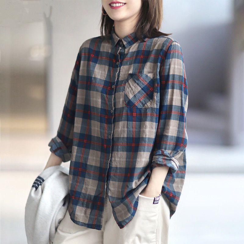 Spring Cotton Linen Vintage Plaid Shirt Patch Pocket Long Sleeve Lapel Breasted Casual Linen Cardigan Top for Women