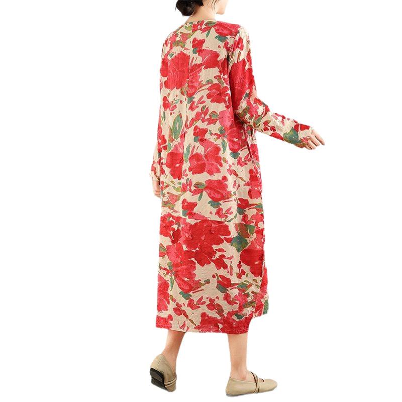 Early Spring Vintage Round Neck Long Sleeved Patchwork Artistic Loose Fit Plus Mid Length Dress