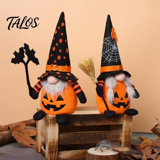 Pumpkin Theme Home Decor Halloween Plush Gnome Decoration, Spooky Orange Black Spider Web Bat Swedish Room Tomte Elf Figurine, Scandinavian