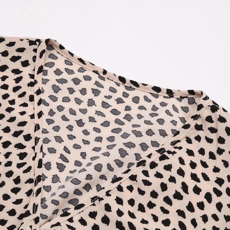 Letní plážové šaty s leopardím potiskem, výstřih do V, krátký rukáv, vysoký pas, dlouhé šaty