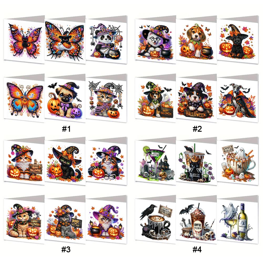 6PCS DIY Rhinestone Diamond Art Mosaic Postcards Halloween Pattern Diamond Art Handmade Cards for Festivals and Celebrations