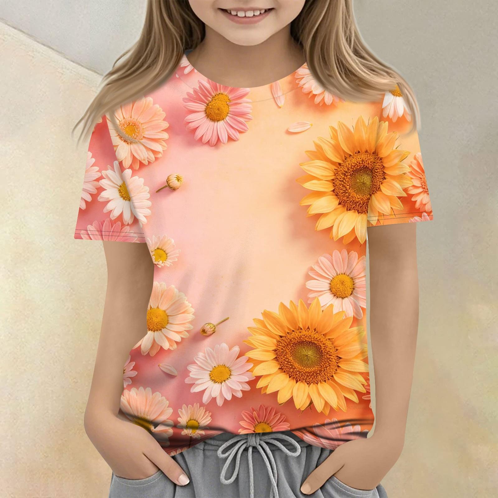 Girls Floral Print Short Sleeve T Shirt Casual Loose Fit Crew Neck Top Lightweight Breathable Fabric Comfortable Daily Wear 150