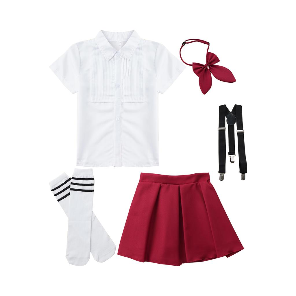 Girls Preppy Style Turndown Collar Bow Top Long or Short Sleeve Button Down with Elastic Waistband Overalls Skirt and Socks Outfit
