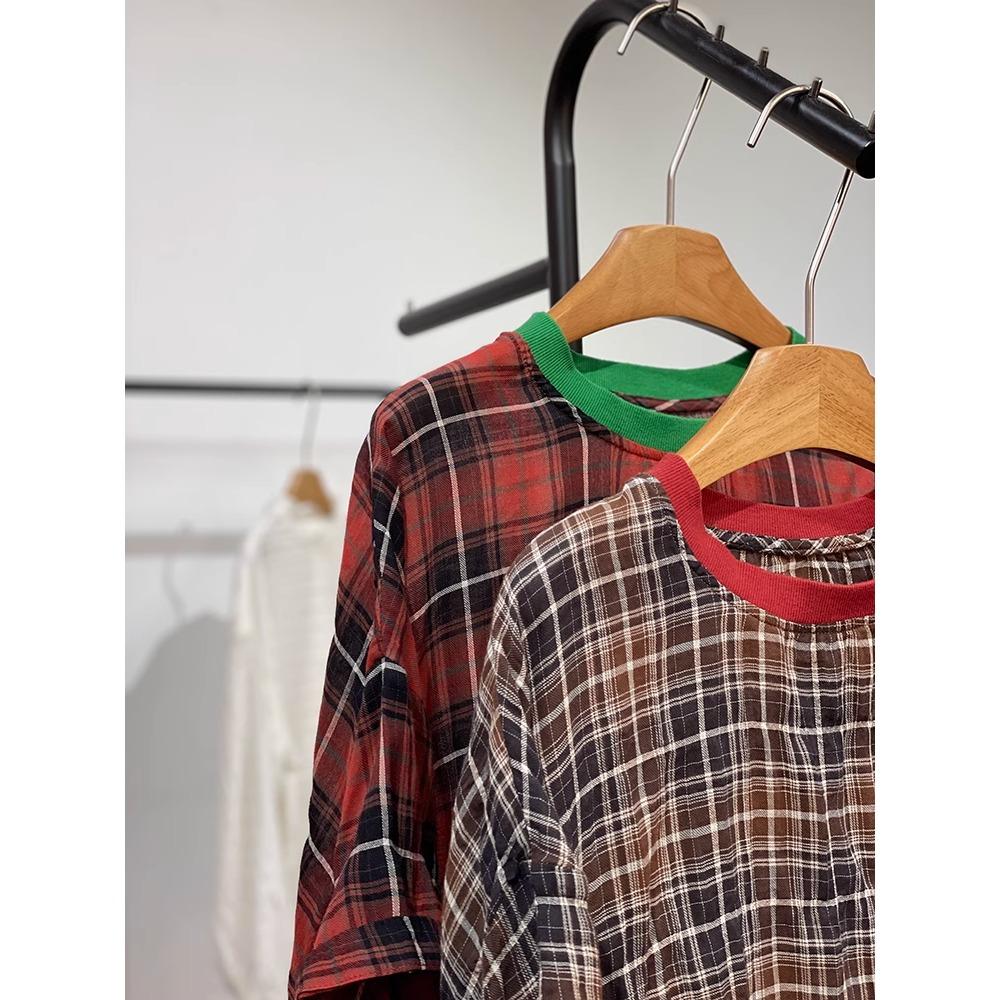 Dimanaf 2025 Summer Linen T-shirt Women Spliced Plaid Printing Short Sleeve Loose Red T-shirt