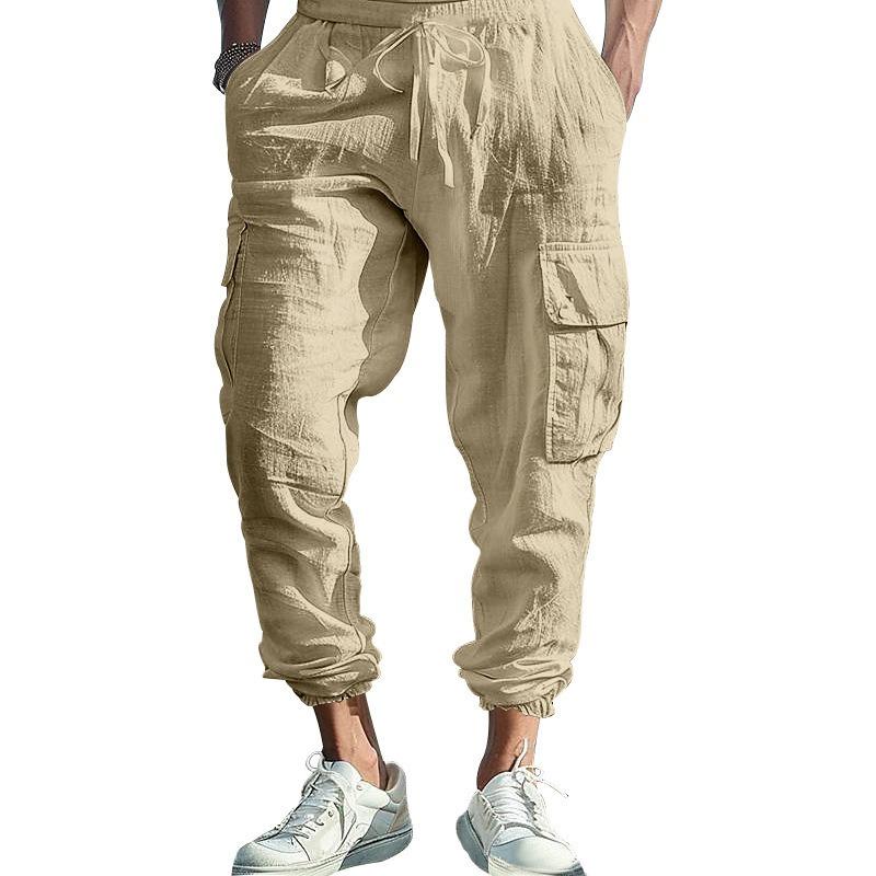 Mens Multi Pocket Cargo Jogger Pants Drawstring Waist Casual Trousers