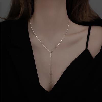 Colar de borla de contas redondas de prata esterlina 925, novo colar feminino de verão, corrente de clavícula simples, corrente geométrica longa, joia personalizada para mulheres