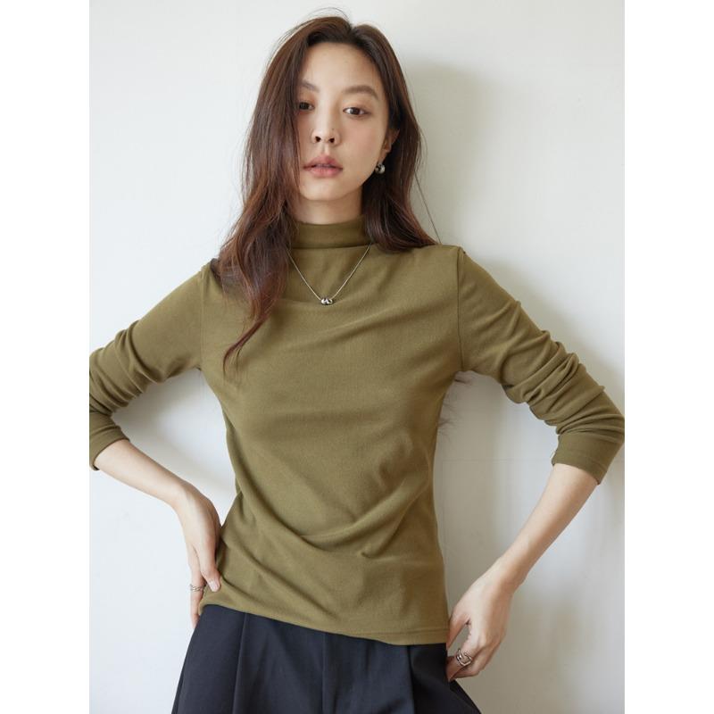 Autumn and Winter Women's Solid Color Semi-high Collar Double-sided Sanding Warm Base Shirt High Elastic Inner Slim Look All-match Base Shirt
