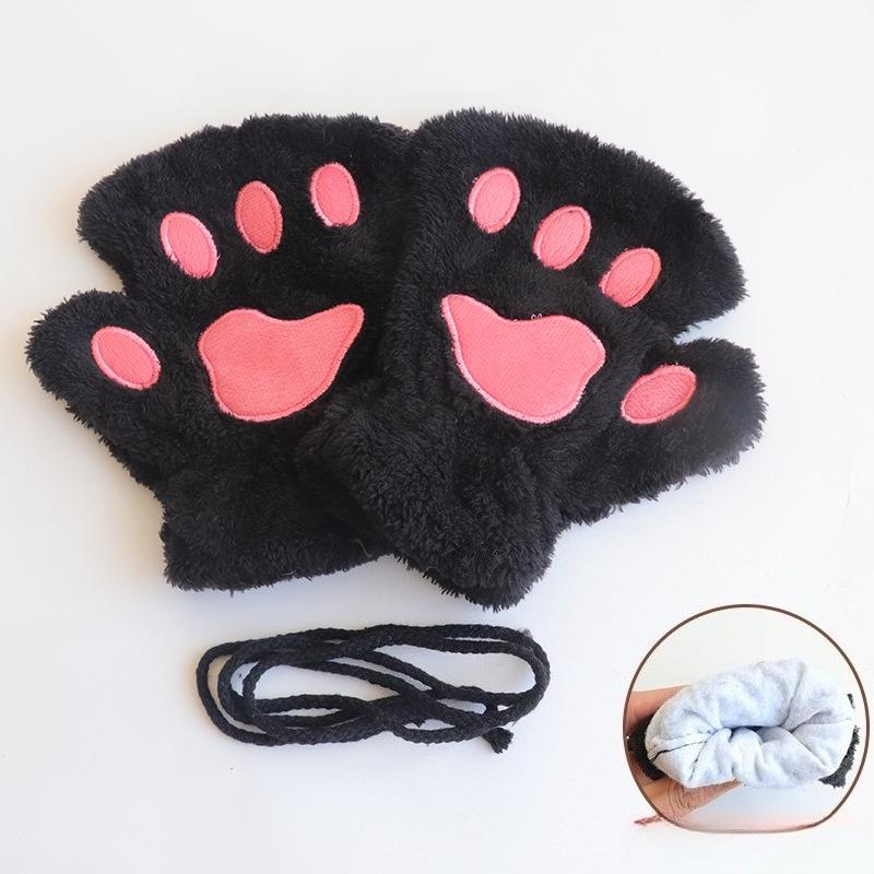 Gants patte de chat dames hiver coréen filles mignonnes sans doigts épais chaud patte d'ours en peluche demi-doigt gants