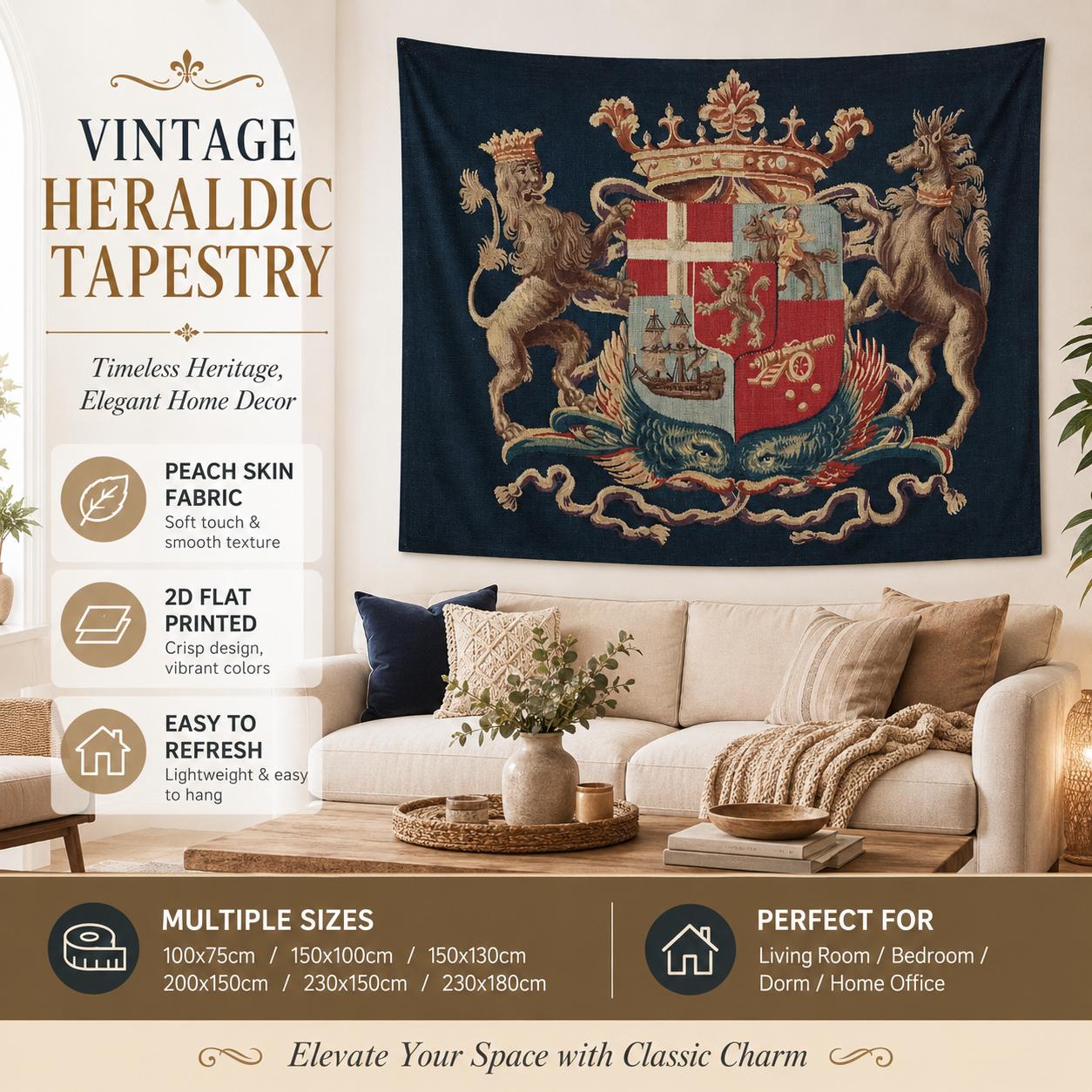 Textilien Unisex Peach Vintage Heraldic Crest Tapestry Skin 2D Flat Printed Medieval Lion Coat Of Arms Wall Hanging For Living Room Home Decor