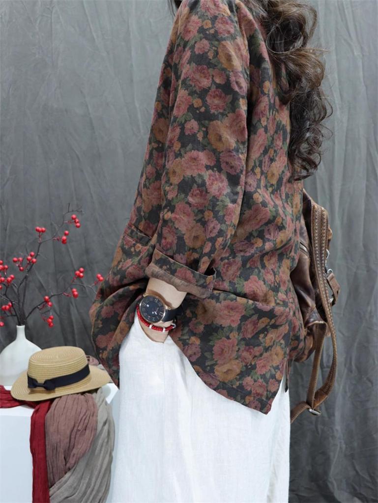 Damen Baumwoll-Leinen Retro-Print Locker Geschnitten Langarm Anzug – Neuer Stil, Lässig & Vielseitig