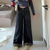2026 Spring/Summer American Retro Leopard Print Patchwork Wide-Leg High-Waisted Women's Cuffed Jeans