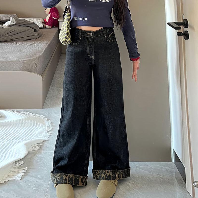 2026 Spring/Summer American Retro Leopard Print Patchwork Wide-Leg High-Waisted Women s Cuffed Jeans M