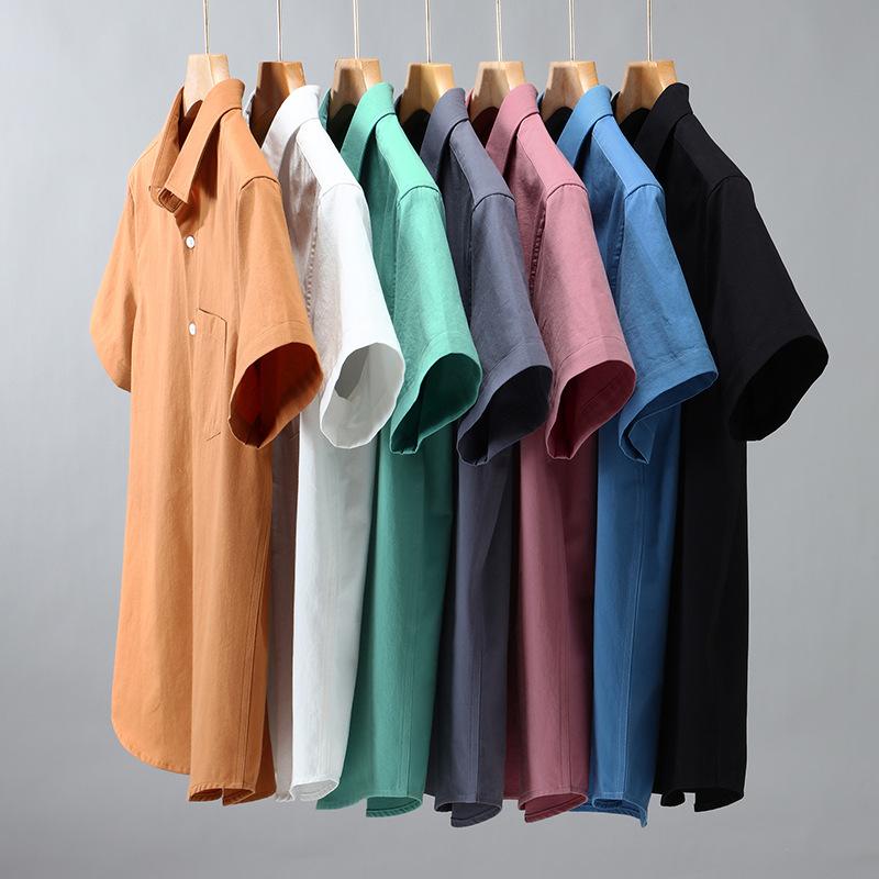 Korean Mens Short Sleeve Shirt Daily Summer Tops Pocket Solid Color Turn-down Collar 100Cotton Casual Shirts Simple Style Clothing