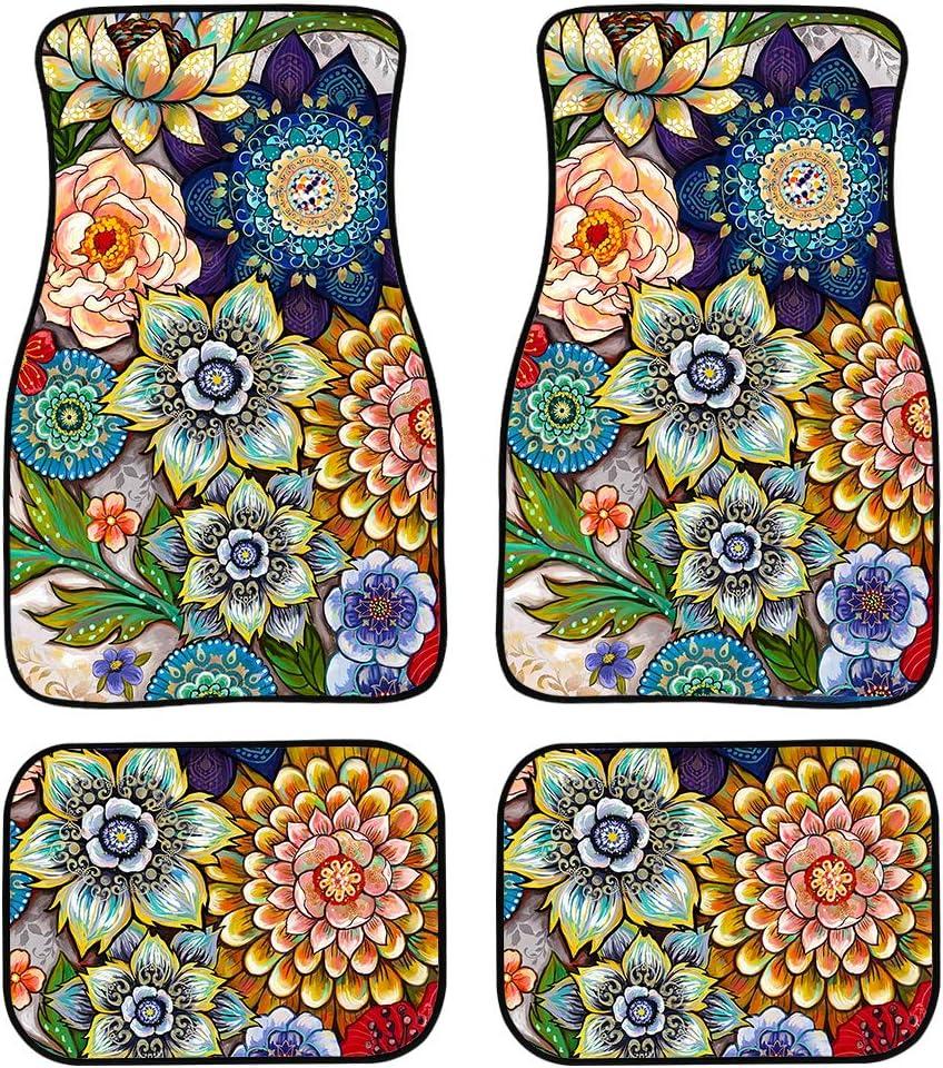 Universal Fit Auto Carpet Floor Mats Set of 4 for Women Girls Decorative Boho Floral Print Car Floor Mats Front & Rear Liners Set