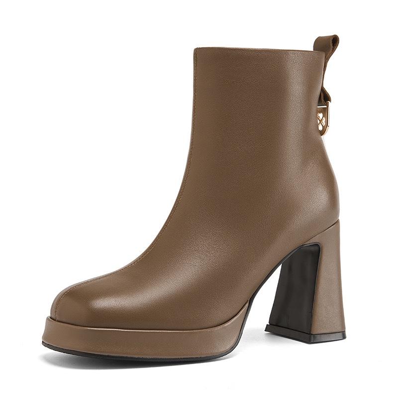Square Toe Chunky High Heel Women's Boots - Genuine Leather Platform Ankle Boots for Spring & Autumn