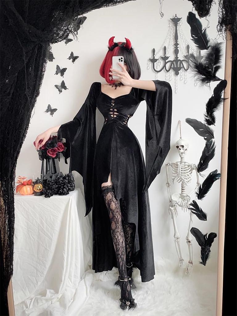 JUNDOMECY Sexy Black Witch Cosplay Costume for and Wizard Plus Includes Long and Knee Perfect for Halloween Stage School Cultural and Recitals