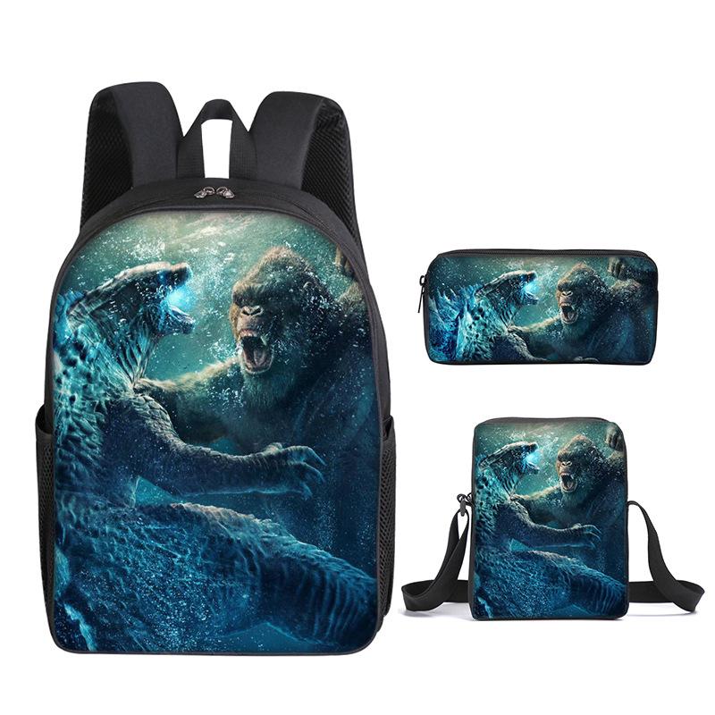 2021 Godzilla Wars King Kong School Bag Three-Piece Combination Set Primary And Secondary School Students Printed Backpack Cartoon School Bag
