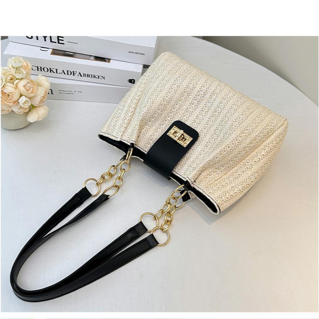 Elegant Ladies' Large Capacity Shoulder Bag with Adjustable Chain Shoulder Strap and Front Flip Button Closure - Woven Handbag