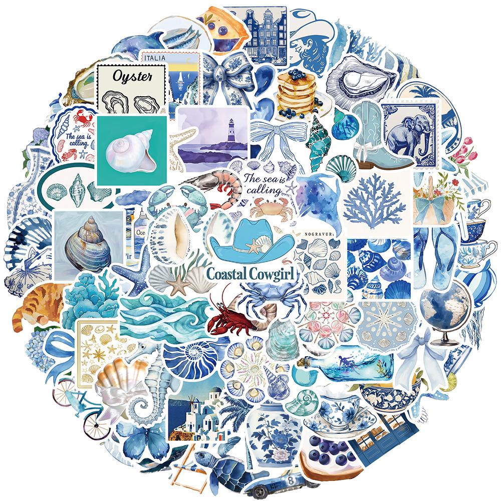 10/30/50/100pcs Blue Mediterranean Art Graffiti Stickers Vintage INS Aesthetic Decals DIY Stationery Phone Waterproof Sticker