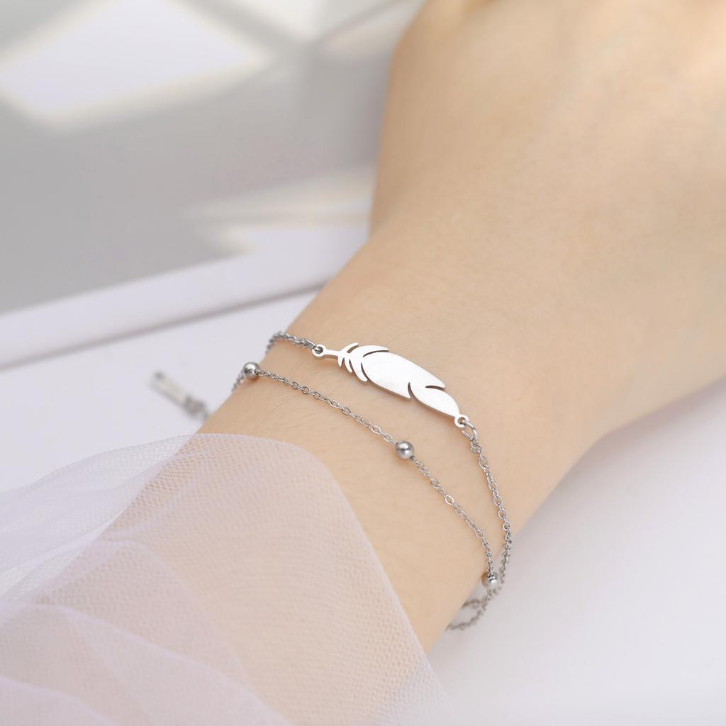 Stainless Steel  Bracelets for Women Silver Color Feather Bracelet for Ladies Beach Style Adjustable Ladies Bracelet
