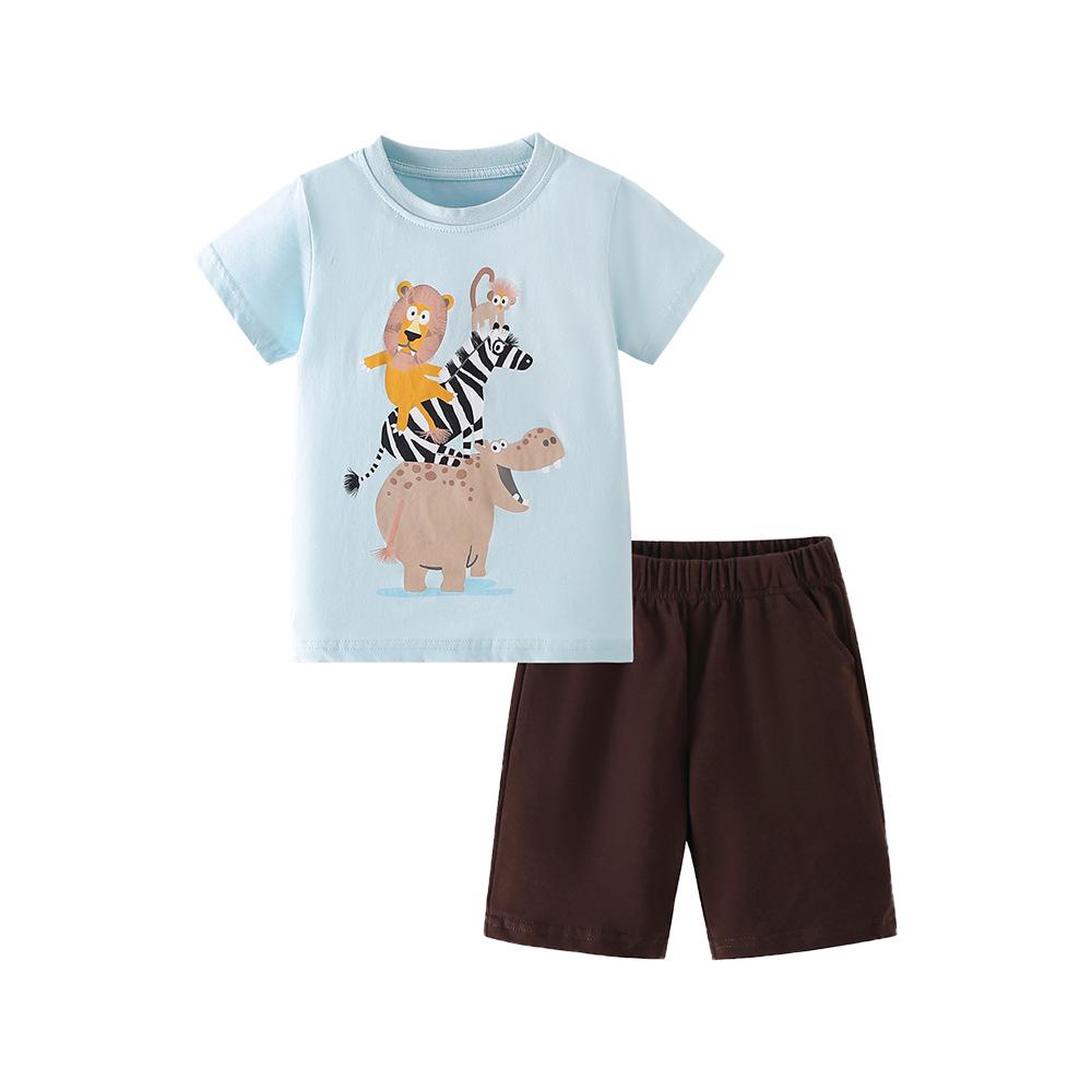 2026 Spring/Summer Kids Cartoon Animal Short-Sleeve Two-Piece Set for Boys 7Y (130cm)