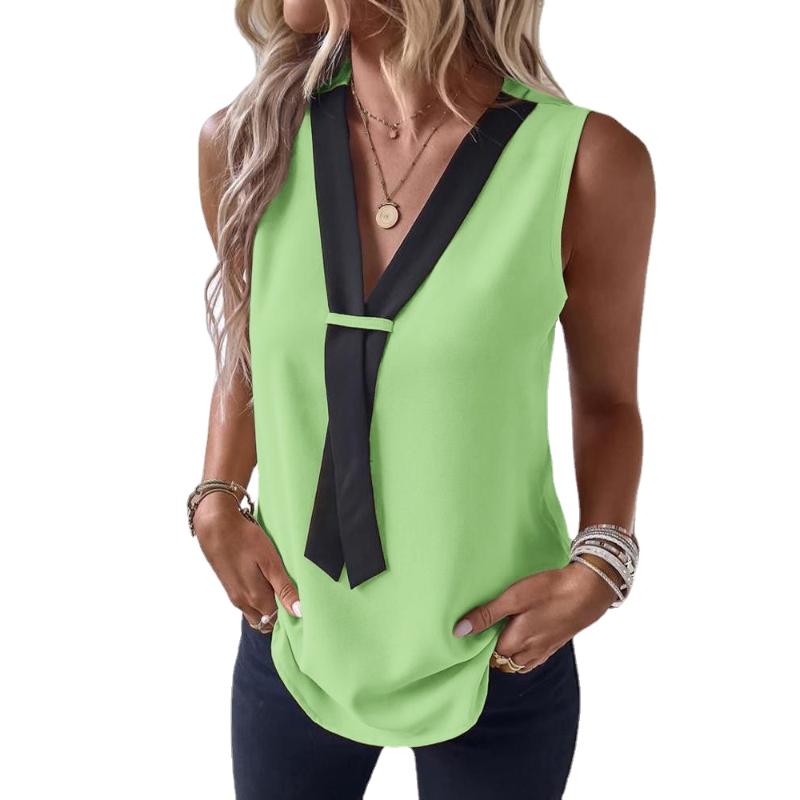 

2023 Casual Elegance Новая контрастная женская рубашка без рукавов с V-образным вырезом